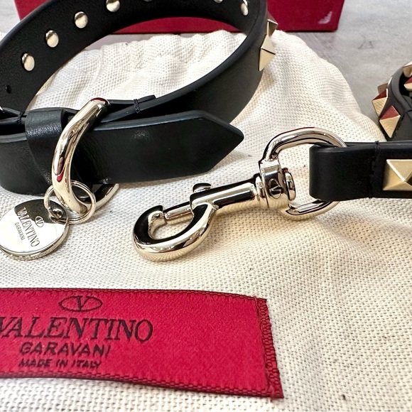 VALENTINO GARAVANI Leather Rockstud Pet Dog Leash + Collar Black Sz M (F) Italy - Picture 2 of 5